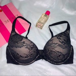 Victoria’s Secret Push-up Bra 34D Body by Victoria Black Floral Lace EUC